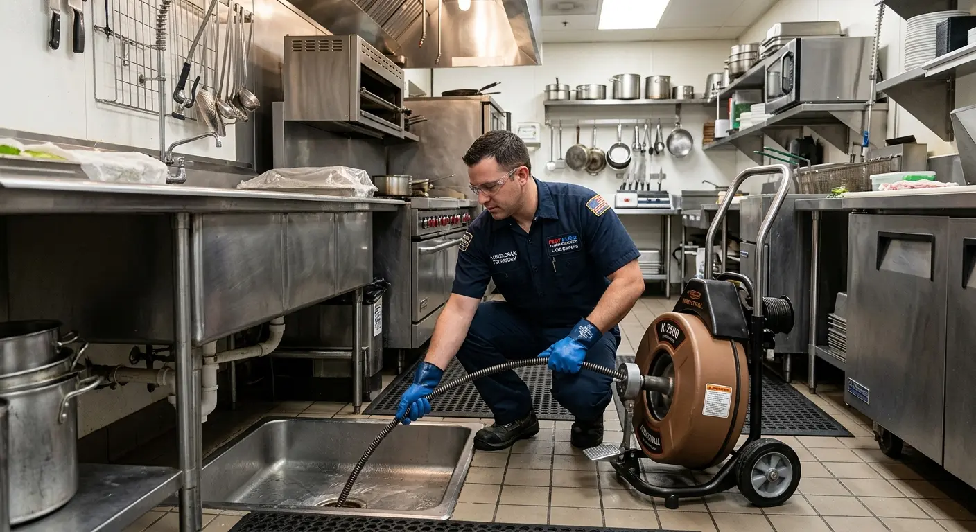 Commercial drain cleaning service in a restaurant kitchen in Sutherlin