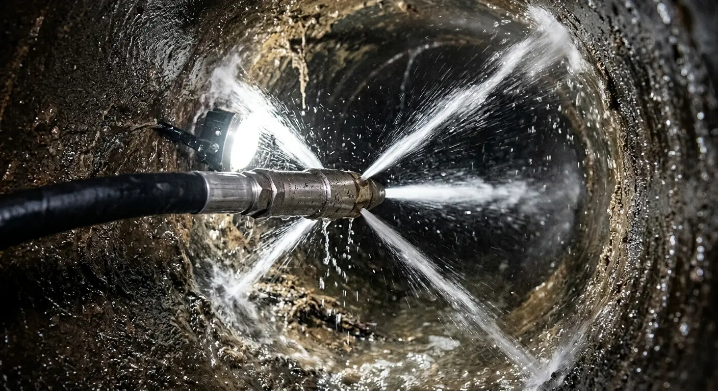 High-pressure hydro jetting nozzle cleaning sewer pipe for Trenchless Sewer Repair in Sutherlin