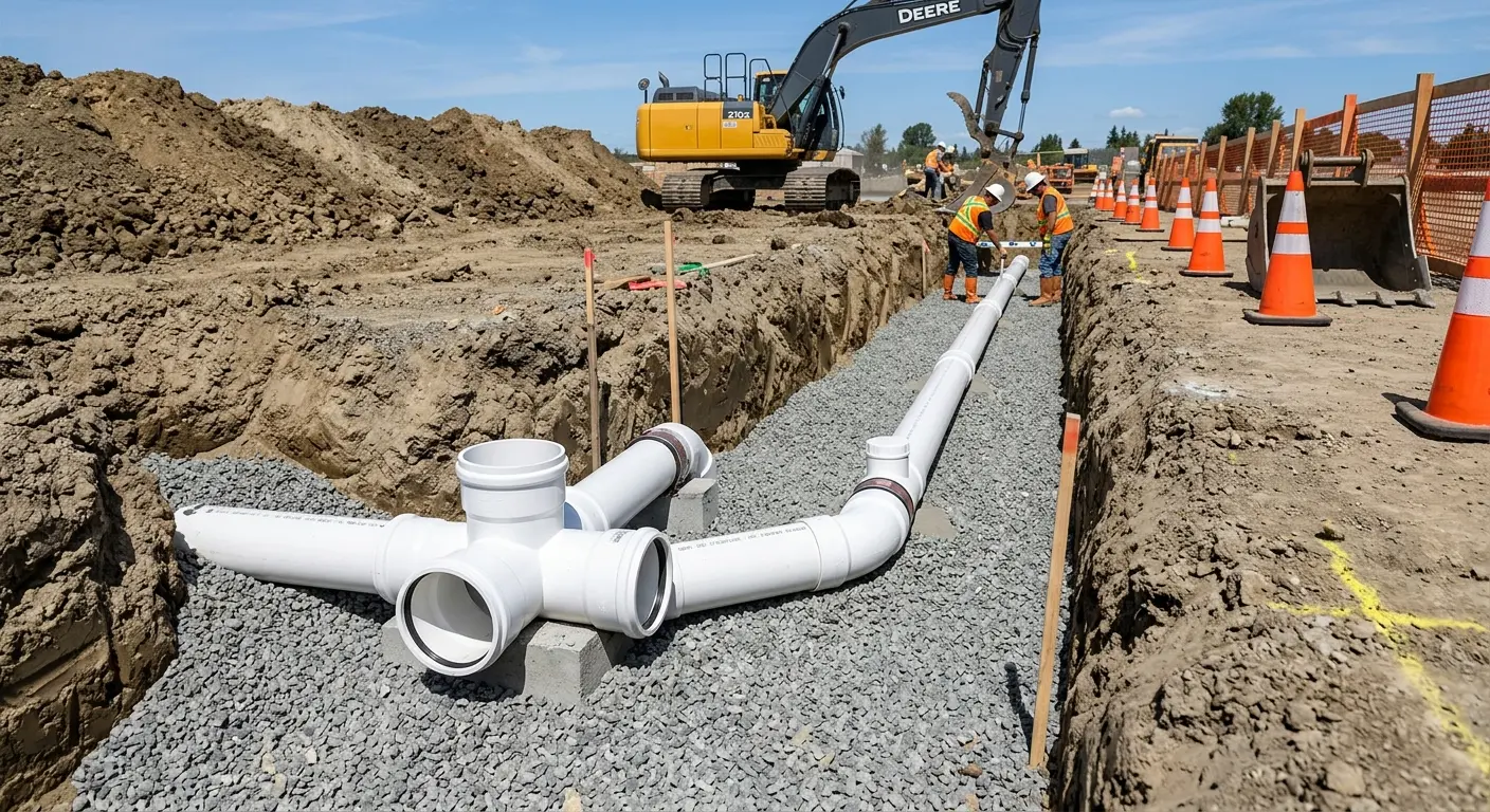 New PVC sewer pipe installation in open trench for Sewer Backup in Sutherlin
