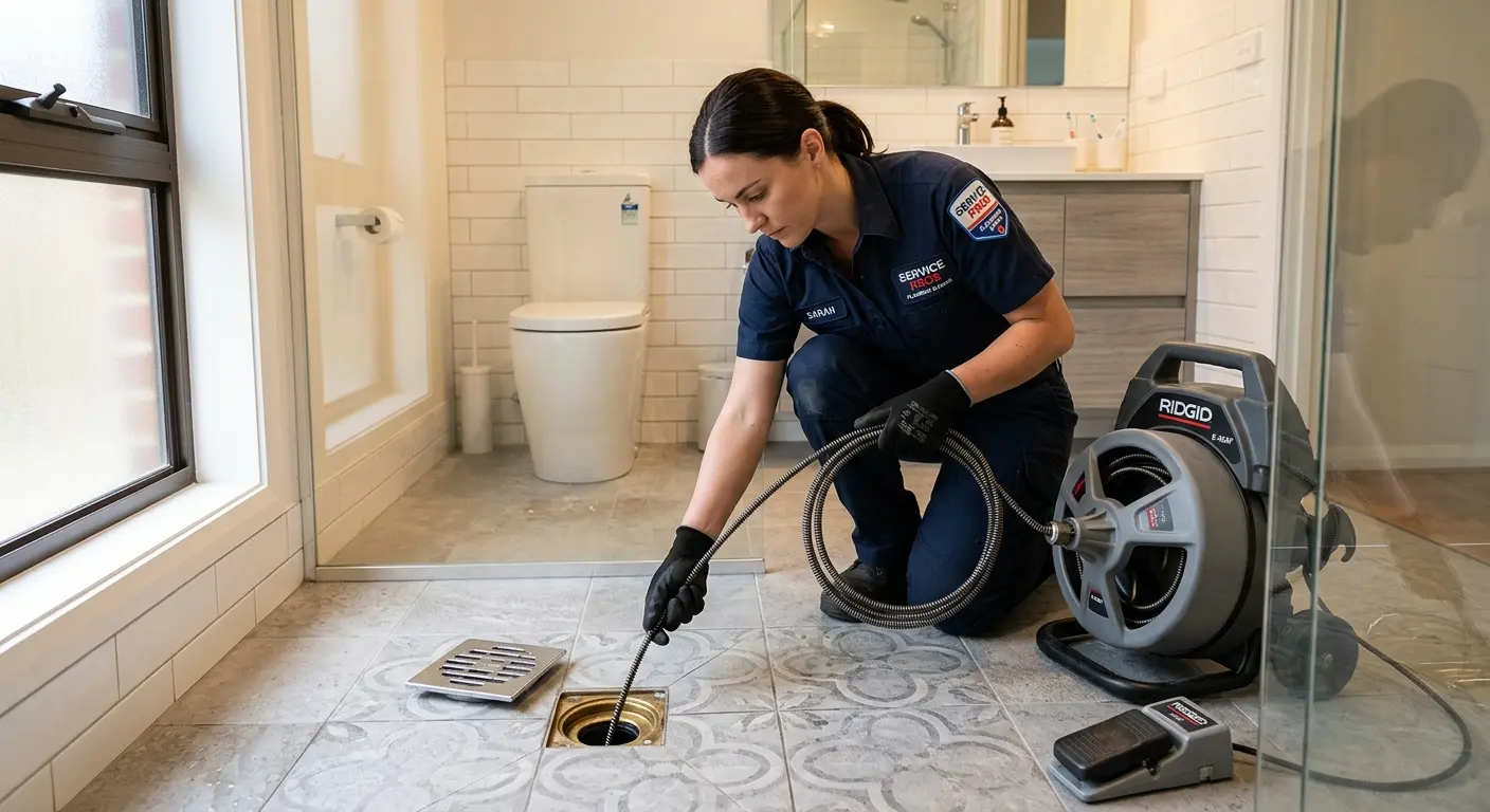 Technician clearing a bathroom floor drain for Drain Cleaning in Sutherlin